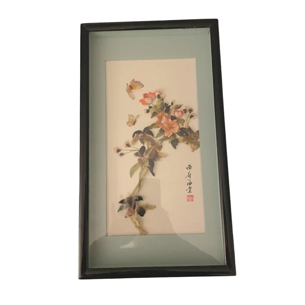 Vintage Chinese framed painted shell wall art floral butterflies chinoiserie